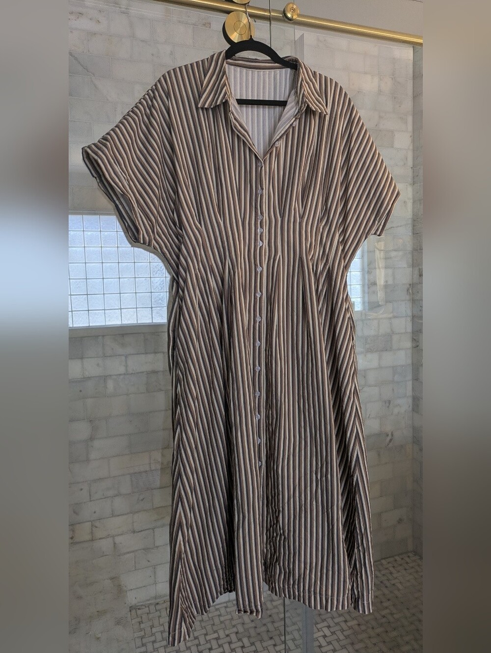 Striped Button-Front Shirt Dress in Beige and Brown